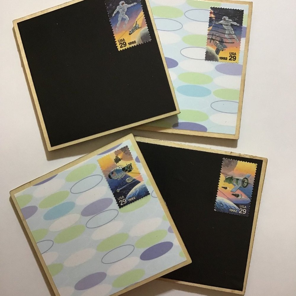 Space Coasters, 4 pack, Postage Stamp Wood Coaster Set with Cork Backing, Drink